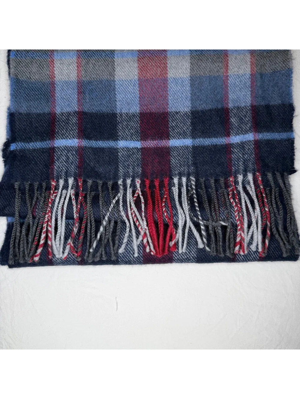 John Hanley Blue Burgundy Plaid Made in Ireland Extra Fine Merino Wool Scarf